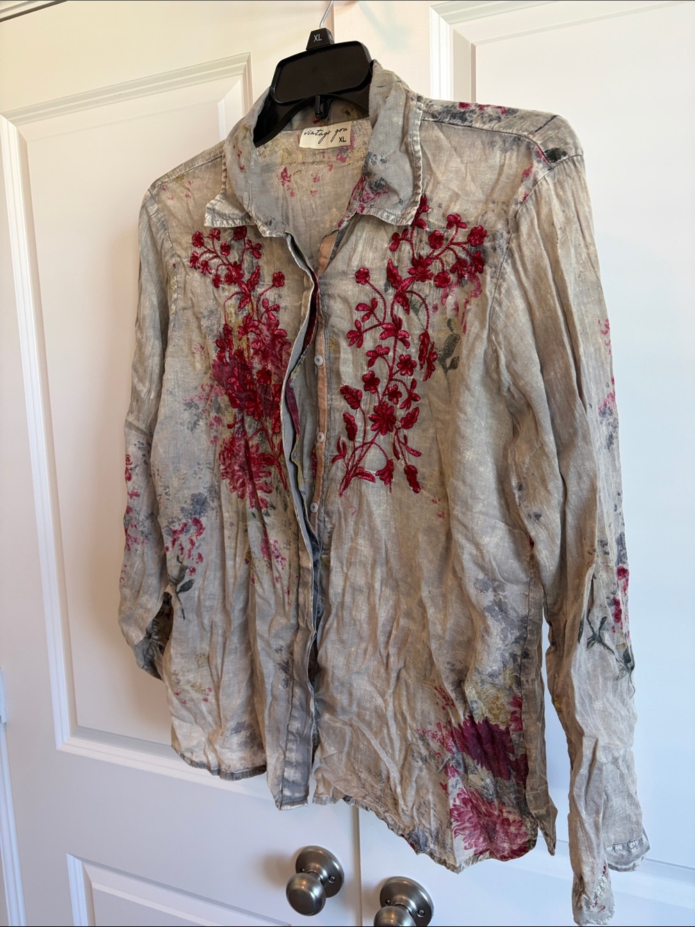 Women's-Inspired Beige Button-Down Shirt with Red Floral Embroidery